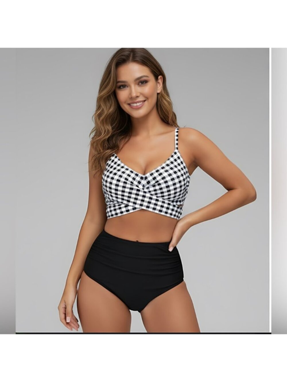 Gingham Ruched High Waisted Bikini Swimsuit